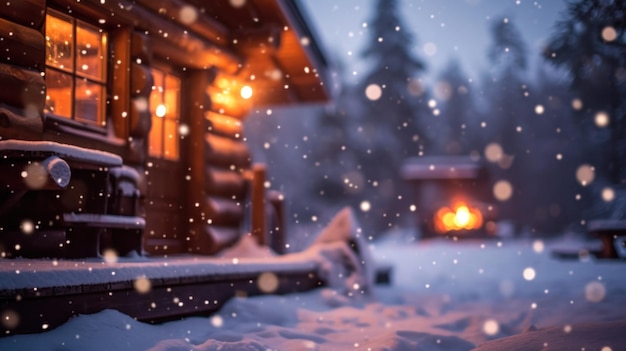 Een besneeuwde scène van een hut met lichten en sneeuw die valt