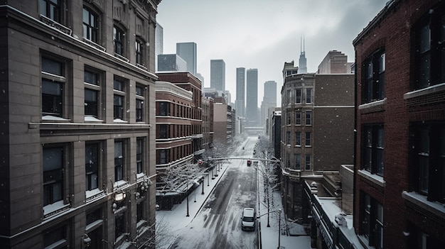 Een besneeuwde straat in de stad Chicago