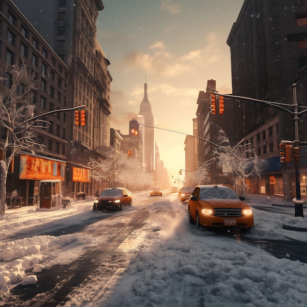 een besneeuwde straat in new york city in de stijl van sfeervolle verlichting grijs en amber