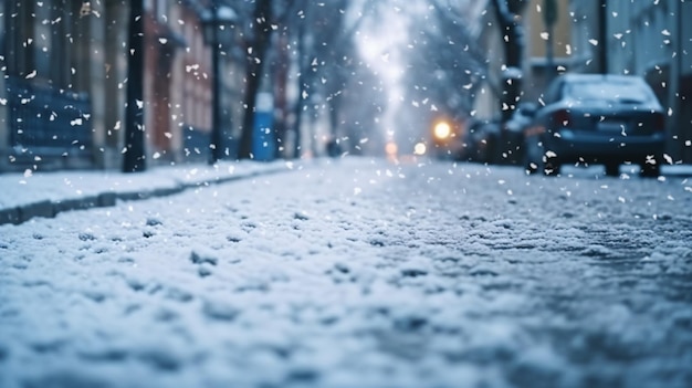 een besneeuwde straat met een paar struiken en een lantaarnpaal