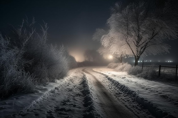 Een besneeuwde weg met bandensporen en een lampje erop