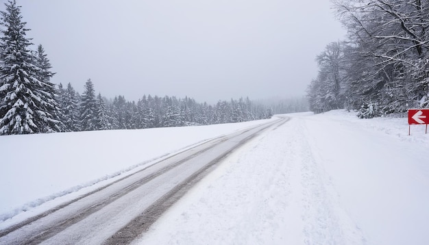 een besneeuwde weg met een met sneeuw bedekte weg en bomen