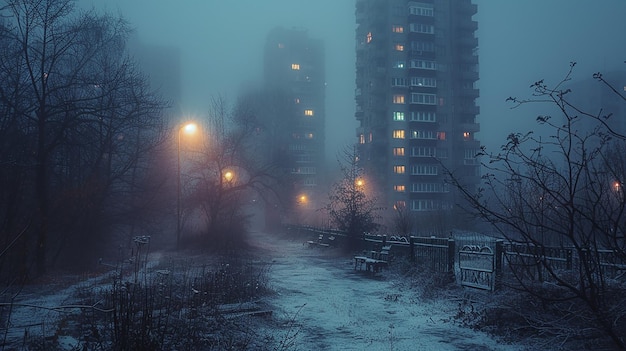 een besneeuwde weg met een paar lichten erop