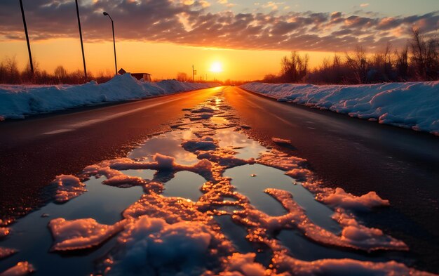 Een besneeuwde weg met een zonsondergang op de achtergrond