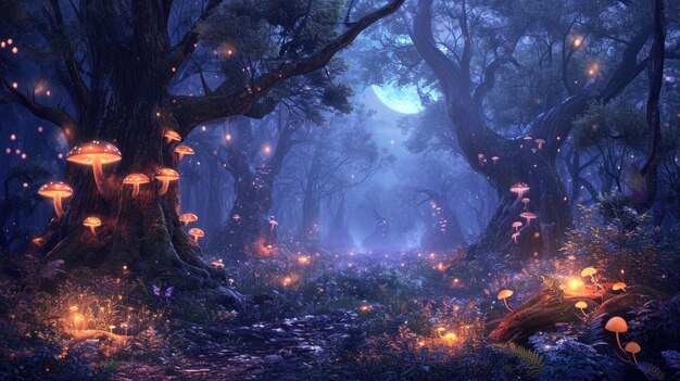 Een betoverd bos met magische wezens schitterend