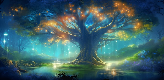 Een betoverde boom die magische lichten uitzendt in een mystiek bos in de schemering.