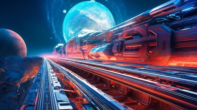 Een betoverend beeld van een futuristisch perron met een trein die moeiteloos tussen de wolken zweeft