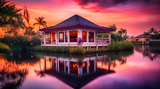 Een betoverend beeld van een luxe bungalow aan het water tegen een betoverende zonsondergang voor een echt idyllisch uitje