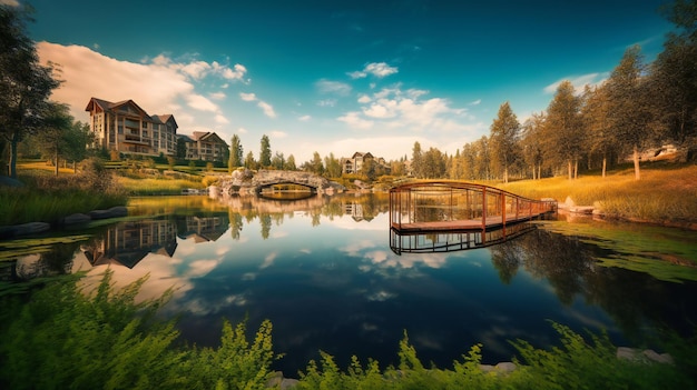 Een betoverend beeld van een luxe golfresort aan een meer dat elegante architectuur combineert met de rustige schoonheid van de natuur