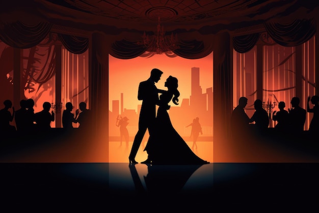 Een betoverend beeld van een paar dat sierlijk samen dansen in een balzaal gevangen in een prachtig silhouet Silhouetten die dansen in Een klassieke balzaal uit de jaren 1940 AI gegenereerd