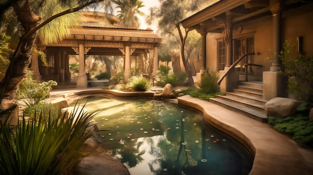 Een betoverend beeld van een weelderige spa in een woestijnoase-lodge die modern design combineert met rustgevende natuurlijke elementen voor de ultieme wellness-ervaring
