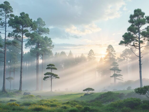 Een betoverend boslandschap met een mistige zonsopgang's morgens