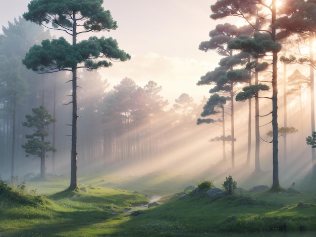 Een betoverend boslandschap met een mistige zonsopgang's morgens