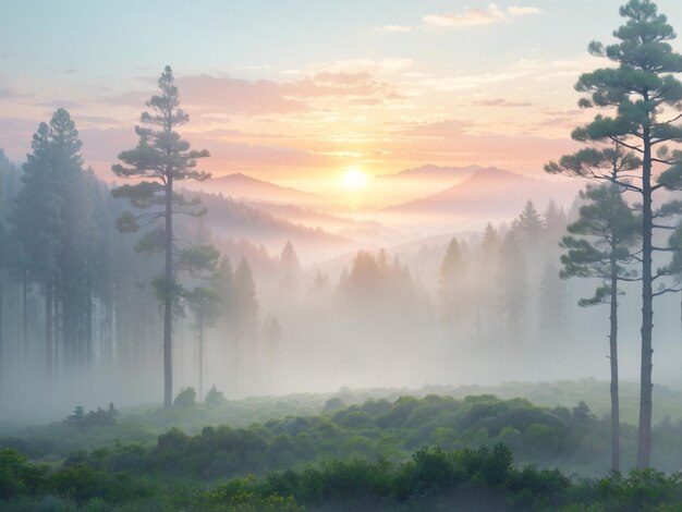 Een betoverend boslandschap met een mistige zonsopgang's morgens