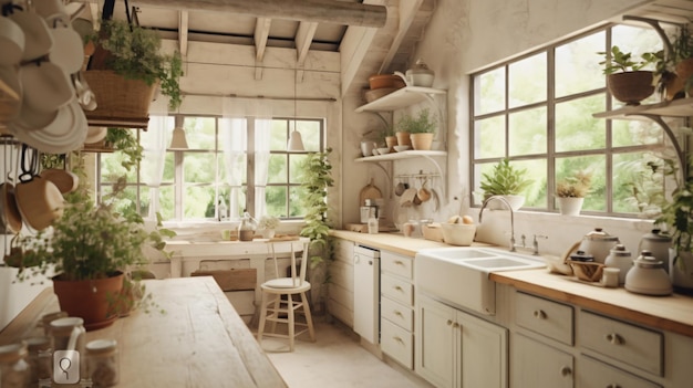 Een betoverend en gezellig keukeninterieur in een cottage, afgebeeld tegen een rustige witte omgeving