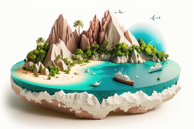 Een betoverend hartvormig eiland met een sprookjesachtig kasteel bovenop een heuvel omringd door weelderige tuinen en watervallen gegenereerd door AI