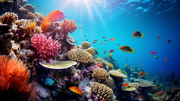 Een betoverend onderwaterkoraalrif vol met kleurrijke vissen gegenereerd door ai