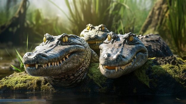 Een betoverend shot van wilde alligators die zich koesteren in de zon op een moerassige rivieroever