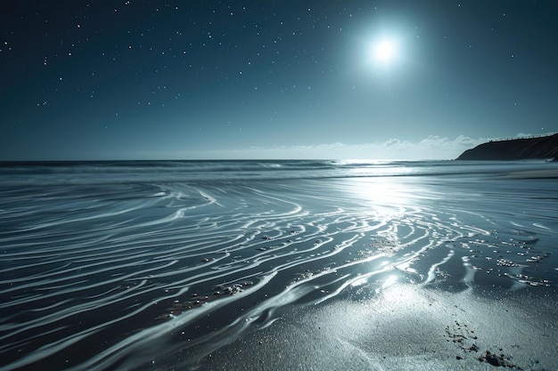 Een betoverend tafereel van een rustig strand verlicht door de zachte gloed van de maan aan de nachtelijke hemel Een maanverlicht strand met zacht beukende golven die zachte patronen in het zand maken AI gegenereerd