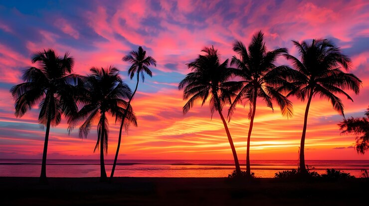 Foto een betoverend zonsondergang met silhouetten van palmbomen in de tropen
