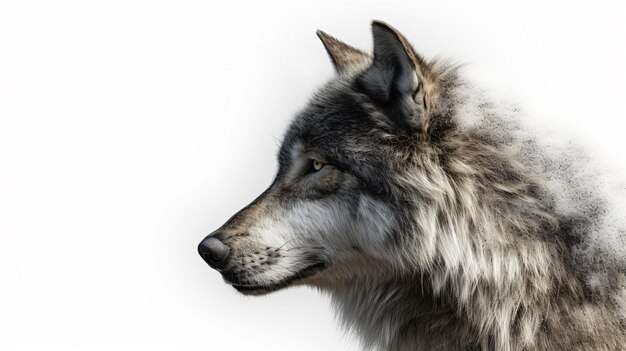 Foto een betoverende 3d-weergave van een mysterieuze wolf prachtig gedetailleerd en tegen een schone witte achtergrond dit boeiende kunstwerk toont de rauwe kracht en enigmatische aantrekkingskracht van de natuur