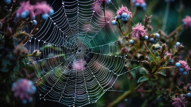 Een betoverende close-up van een met dauw bedekt spinnenweb te midden van zomerbloesems die een ingewikkelde schoonheid vertonen
