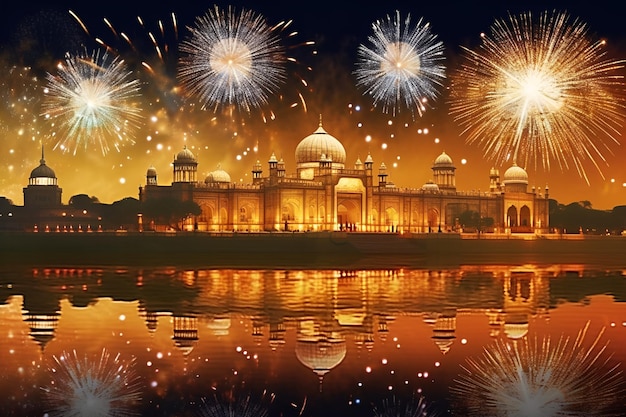 Foto een betoverende foto van diwali vuurwerk boven het paleis dat de triomf van het licht over de duisternis symboliseert