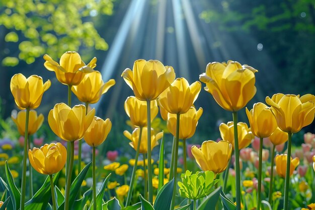 Een betoverende foto van een geel tulpenveld onder het zonlicht