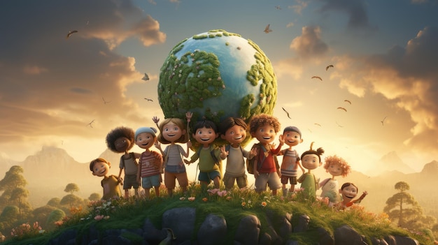 Een betoverende illustratie van een groep kinderen die elkaars hand vasthouden rond een gigantische aarde