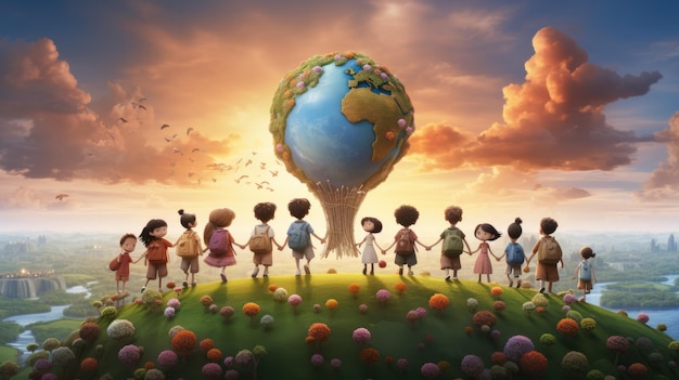 Een betoverende illustratie van een groep verschillende kinderen die elkaars hand vasthouden rond een gigantische aarde