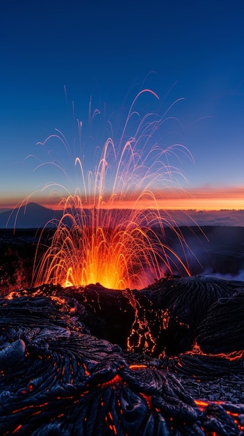 Een betoverende lavafontein barst uit in de schemering en stuurt gesmolten stromen die sierlijk schuiven tegen de vervaagende lucht en een boeiende weergave creëren van de rauwe kracht van de natuur.