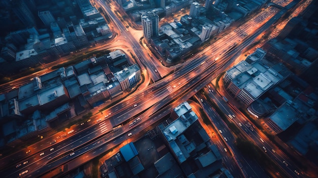 Een betoverende luchtfoto van een drukke stedelijke snelweg die het complexe samenspel van modern transport illustreert