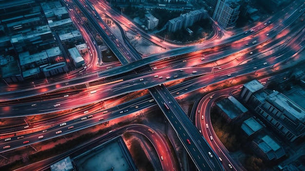 Een betoverende luchtfoto van een drukke stedelijke snelweg die het complexe samenspel van modern transport illustreert