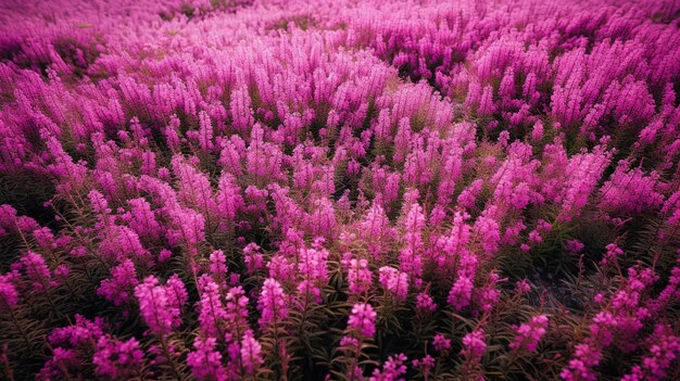 Een betoverende luchtfoto van een prachtig tapijt van roze en paarse bloemen