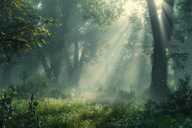 Foto een betoverende mistige ochtend in een bos.