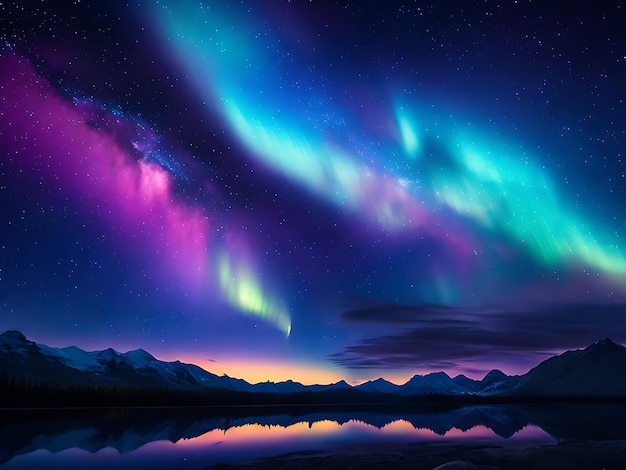 Een betoverende nachtelijke hemel vol sterren, de Melkweg en een glinsterende Aurora Borealis