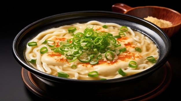 Foto een betoverende opname die de eenvoud van een traditionele kake udon vasthoudt met de glanzende dikke noedels die een lichte soja-gebaseerde bouillon opnemen kunstzinnig versierd met perfect gesneden groen