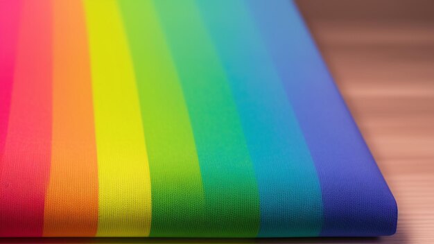 Een betoverende regenboogkleurige stof op een houten tafel AI generatief