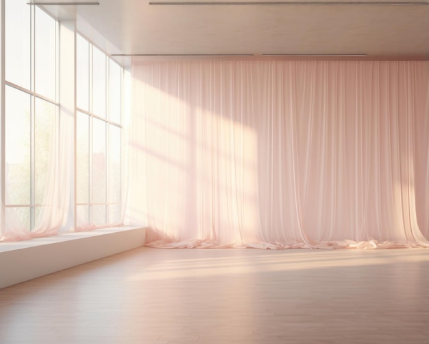 Een betoverende scène van een dansstudio badend in zacht bleekroze licht dat doet denken aan een dromerige