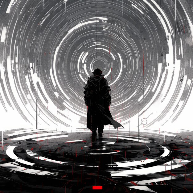 Een betoverende soldaat in een glitched labyrint verlicht door dramatische zwarte verlichting Generative AI