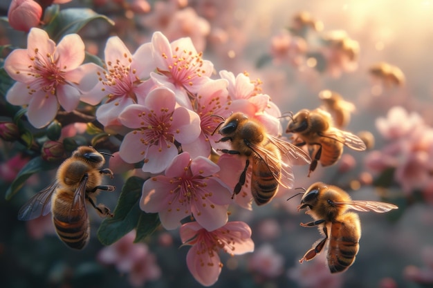 Een betoverende tentoonstelling van honingbijen die stuifmeel verzamelen tegen een achtergrond van bloeiende fruitbomen