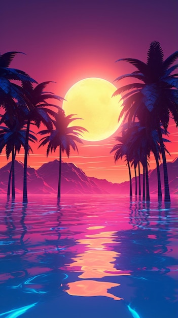 Een betoverende tropische zonsondergang met palmbomen die reflecteren in het kalme water