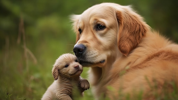 Een betoverende visuele compositie van een hond en zijn kleine puppy