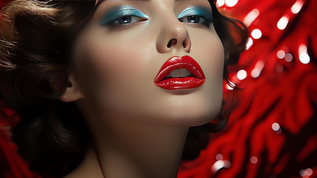 Een betoverende vrouw staart met intense blauwe ogen en prachtige rode lippen