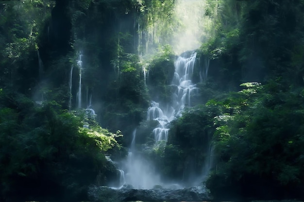 Een betoverende waterval is diep verborgen in een dicht mystiek bos gegenereerd Ai