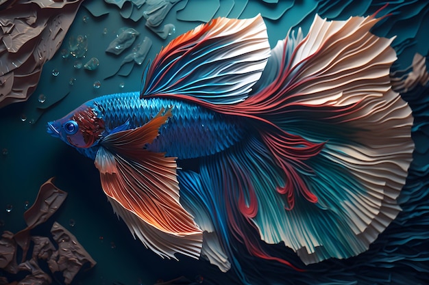 Een betta-vis met rode en blauwe kleuren wordt weergegeven