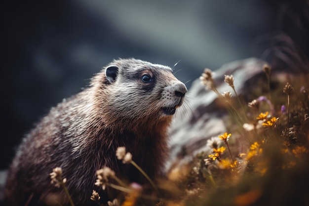 Een bever in een bloemenveld