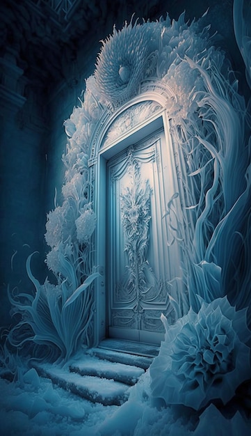 Een bevroren deur is versierd met een bloem erop.