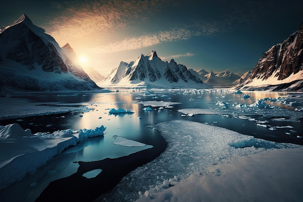 Een bevroren fjord met een prachtig uitzicht op de bergen en gletsjers in de verte gecreëerd met genereus