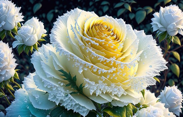 Een bevroren gele roos verborgen in struik met ijskristallen